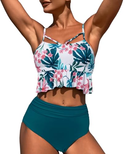LUNNTE Damen Bikini Set Wickeloptik Hoher Taille Bikini Bademode Blumenmuster Bauchkontrolle Zweiteiliger Badeanzug High Waist Swimsuit (Grüne Blumen, XL)