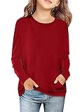 Haloumoning Girls Casual Long Sleeve T Shirts Kids Crewneck Tops, Tees Blouses with Pockets 4-15 Years Red