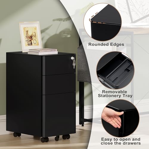 Miniatura 3 de Woltu Cajonera De Oficina Móvil, Archivador De 3 Cajones, Cajonera Metalica Con Ruedas, Mueble Oficina, Organizador Con Cerradura Y Llave Para Cartas Y Documentos, Negro, 30x45x60 Cm, Ask10sz