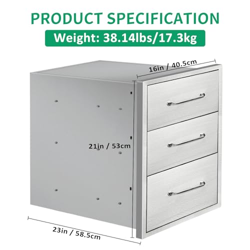 Image of Outdoor Kitchen Drawers 16 inch W x 21 inch H x 23 inch D Stainless Steel Triple Drawers with Ergonomic Handle for BBQ Island, Patio Grill Station & Outdoor Kitchen Cabinets