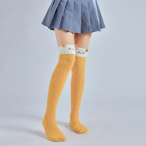 Image of Thigh High Fuzzy Socks Cute Animal Coral Fleece Over the Knee Thigh High Long Stockings Warm Stripe