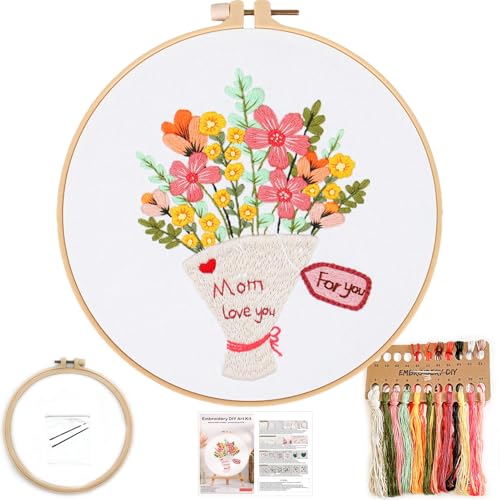 Image of FONNUY Bouquet Flowers Embroidery Kit Love Mom for Beginners, Pre-Stamped Pattern Kits for Adults with Hoop, Easy to Follow Color Thread Needlework, 8'' Hoop (Wildflowers)