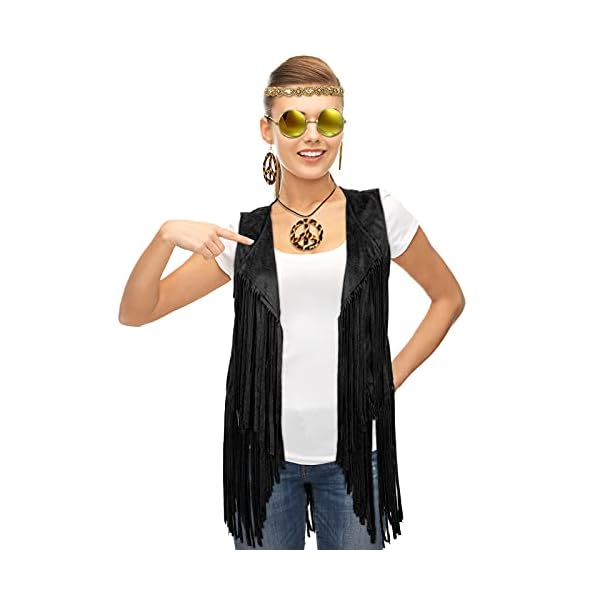 6 pcs 60s 70s outfits for women hippie costume set peace sign earring headband fringe vest tassel cardigan - image 5