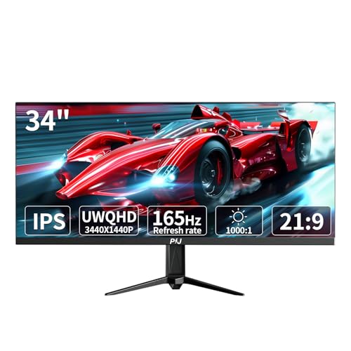 PIJ Gaming Monitor 34 inch IPS 165Hz, Ultrawide PC Screen 3440×1440P Ultra-Thin Zero Frame Computer...