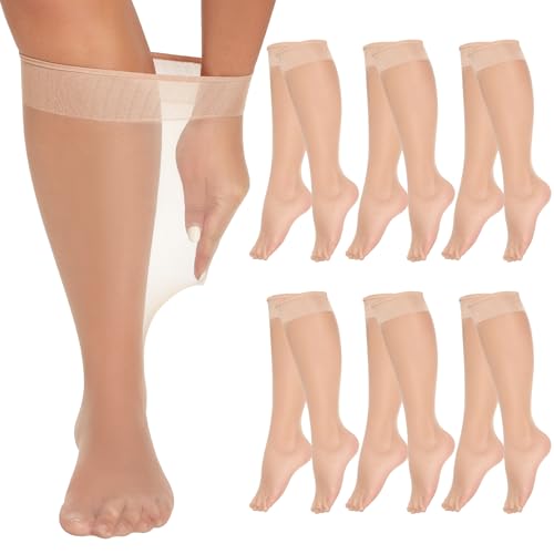 MANZI 6 Pairs Plus Size Knee Highs for Women 15 Denier Sheer Nylon Socks Knee High Stockings Natural 3X-Large-4X-Large