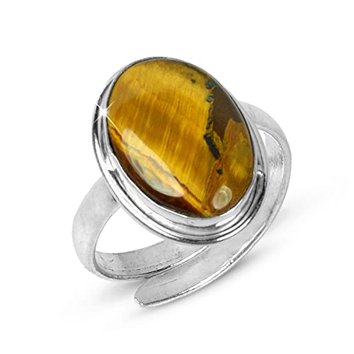 Image of Reiki Crystal Products Natural Certified Tiger Eye Ring, Tiger Eye Gemstone Ring, Adjustable, Golden & Brown