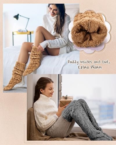 Image of Geyoga 3 Pairs Over Knee Fuzzy Socks High Fuzzy Leg Warmers Over Knee Plush Slipper Socks for Women Christmas Sleeping