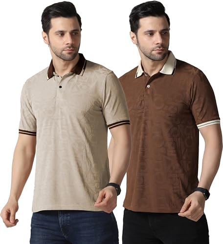 Image of TOPLOT Men's Premium Jacquard Polo T-Shirt | Geometric Textured Design | Contrast Collar & Cuffs | Soft Breathable | Perfect for Office & Casual Wear | Available in Pack of 2 (5281)