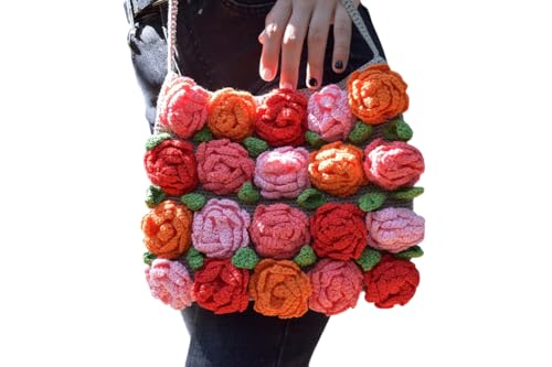 Crochet Tote Bag with Roses Boho Handbag Eco Friendly Cotton