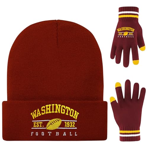 Winter Embroidered Soft Beanie Football Knit Hat With Warm Touch Screen Gloves - Game Day Gifts For Men Women And Fans