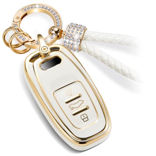 Image of Key Fob Cover for Audi, Rhinestone Loop Keychain Case, Gold Edge | Wear-resistant TPU shell, rhinestone-accent PU loop, daily splash, scratch and drop protection, normal signal use, easy setup