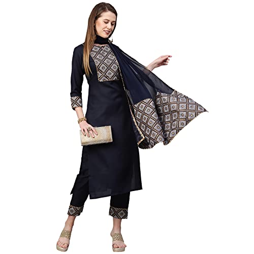 Image of GoSriKi Women's Ruby Cotton Straight Kurta with Pant & Dupatta (KALAKARI-GS)