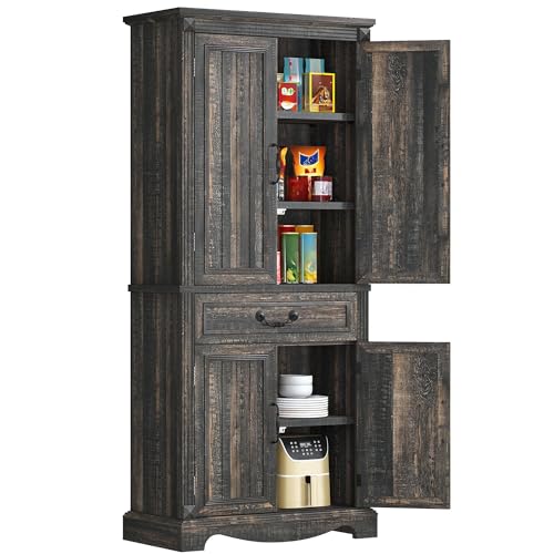 DWVO 71" Tall Kitchen Pantry Cabinet, Farmhouse Freestanding Storage Cabinet with Doors, Drawer and Adjustable Shelves for Kitchen, Living Room, Dining Room, Rustic Dark Oak