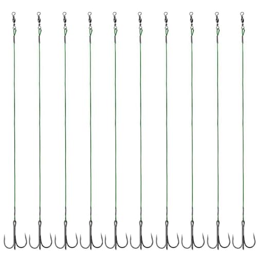 5-10pcs Fishing Treble Hook with Leader Nylon Coated Fishing Wire Leader with Swivel 3/0 2/0 1/0 1# 2# 4# 6# (Green Leader, 6#-10pcs)