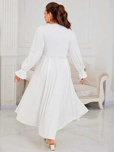 Image of Baczoe Plus Size Long Sleeve Church Dress for Curvy Women | Maxi Length, Elegant Formal Style, Flowy A-Line Shape, Two Side Pockets