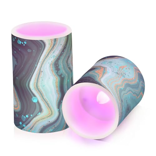 Image of Eionryn Gold Marble Green Flameless Candles Turquoise Teal Battery Operated LED Candles with Remote Timer Electric Candles for Home Party Decor 2pcs