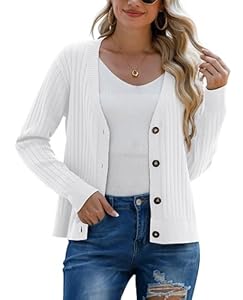 PrinStory Cardigans en tricot à devant ouvert pour femmes - Manches longues - Pulls décontractés avec boutons - Mailles à manches longues pour dames - Cardigan en tricot, blanc, L