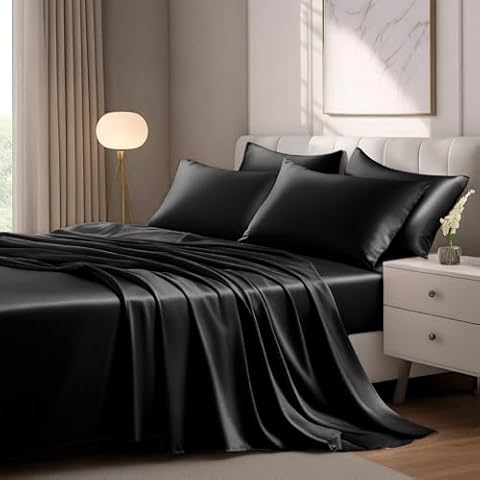 LuxClub Satin Sheets - Soft Satin Bed Sheets Full, 6 Pcs Luxury Silky Sheets, Similar to Silk Sheets, Black Satin Sheets Full for Hair and Skin, Gifts for Women-Black Full Cover