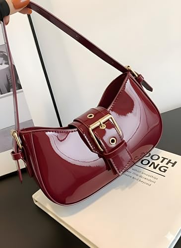 Image of Korean Style Leather Shoulder Bag with Buckle Glossy Finish Crossbody Purse for Daily Use Travel & Shopping Phone Purse with Adjustable Strap Lightweight Trendy Bag for Girls