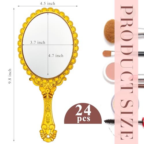 Qunclay 24 Pcs Vintage Handheld Mirror with Handle, 9.8" L x 4.5" W Gold Embossed Portable Small Mirrors Bulk for Princess Party Favors, Birthday Gifts, Classroom Rewards & Daily Travel Use