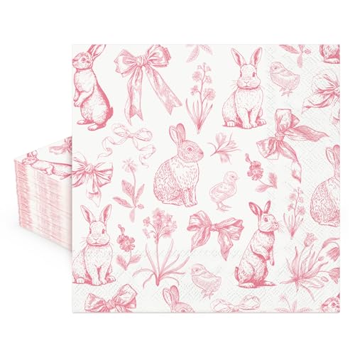 AnyDesign 50 Pcs Easter Bunny Paper Napkins Disposable Napkins Pink Rabbit Chick Bow Flower Luncheon Dinner Napkin for Spring Party Table Decor Supplies
