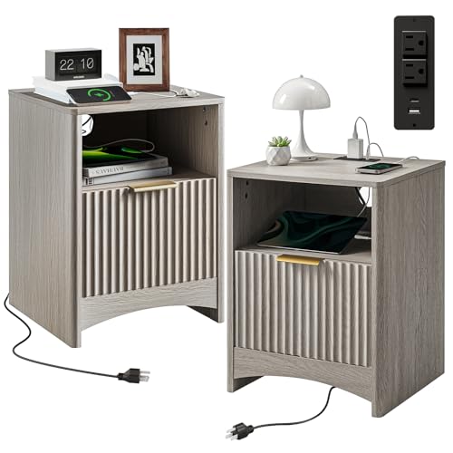 Amada Fluted Nightstands with Charging Station, Set of 2, End Table with USB Ports & AC Outlets, Wood Side Table for Bedroom Living Room and Office, Deep Drawer & Storage Shelf, Grey