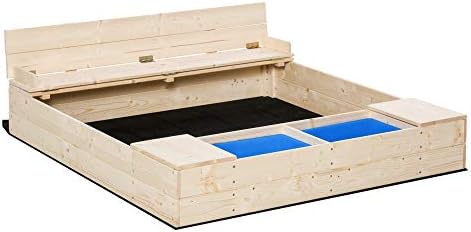 Outsunny Kids Wooden Sandbox w/Two Plastic Boxes Foldable Bench Seat Waterproof Cover Bottom Liner Storage Space
