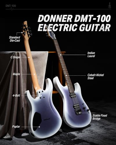 Image of Donner Solid Body Electric Guitar, 39 Inch Metal Electric Guitar Beginner Kits with Bag, Strings, Strap, Cable, Strings Dampener for Rock Music Lover, DMT-100 (Gradient Violet)