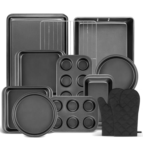 Funnydin 12-teiliges Antihaft-Backformen-Set – stapelbare Backformen-Sets mit breiterem Griff, Karbonstahl-Backset inklusive Backblechen zum Backen, Muffinform, Kastenform, Kuchenform, Bratpfanne