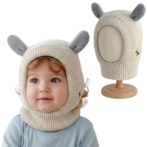 Image of Kraptick Winter Warm Ear Protection Knitted Woolen Unisex Baby Cap with Cute Animal Ears, Soft Fleece Lined Knit Hat with Ear Flaps, Stretchable Monkey Cap for Cold Weather -1