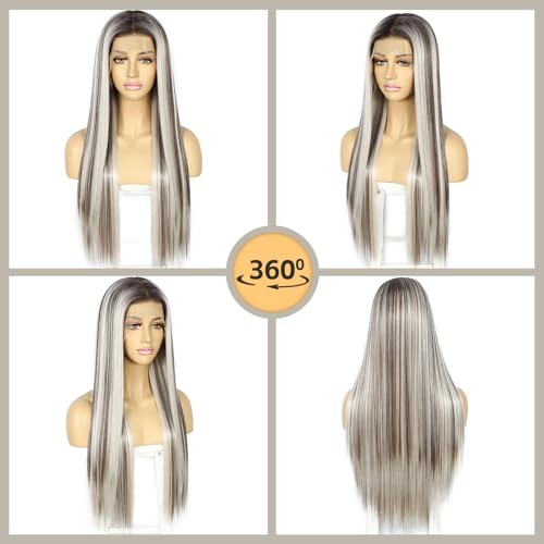 Sapphirewigs Highlight 13x6 Straight Lace Front Wigs Ash White Long Straight Wig for Women Lace Front Synthetic Hair 150% Density Party Daily Wear Heat Resistant 26inch - Image 4