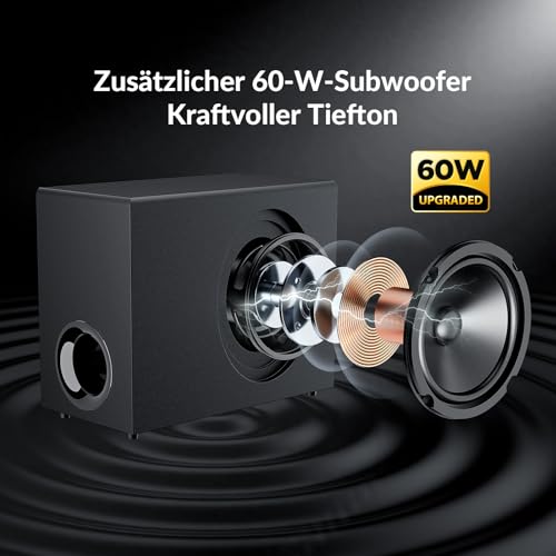 Yinet-EU Soundbar mit Subwoofer für TV Geräte, 2-in-1 abnehmbare Sound bar, 120W, kräftiger Bass, 3 Modi, kompatibel mit Bluetooth 5.3/ARC/Opt/AUX für TV, PC, Gaming, Beamer 1 Pcs (Schwarz)