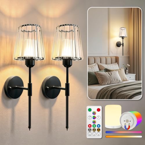 Image of Adetu 19.3 Inch Crystal Battery Operated Wall Sconces Set of 2 | Black Rechargeable Wall Lights with 10000mAh Dimmable Magnetic Bulb, RGB Wall Lamp for Bedroom Decor