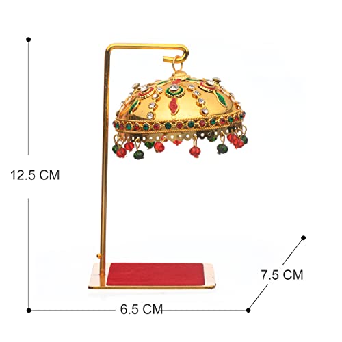 Image of Metal Umbrella Chhatra with Hanging Crystals - Decorative Chatri for God Idol, Car Dashboard, Office Desk, Table, Or Home Temple - M 55