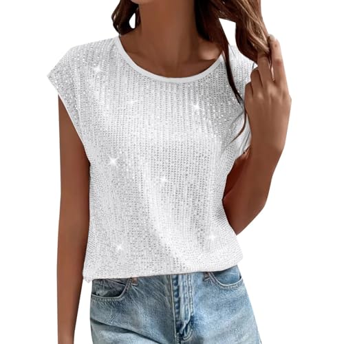 Generisch 2025 Camiseta sin mangas con cuello redondo y lentejuelas en color sólido para mujer y ropa de fiesta Top Glitter, Blanco, XL