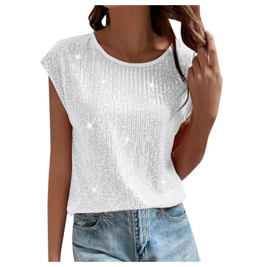 Glitzer T-Shirt Damen Pailletten Druck Bluse Modisches Pullover Glänzend Print Oberteile Rundhals Tunika Tops Kurzarm Shirt Farbverlauf Pulli Locker Atmungsaktiv Streetwear Karneval Kleidung Weiß