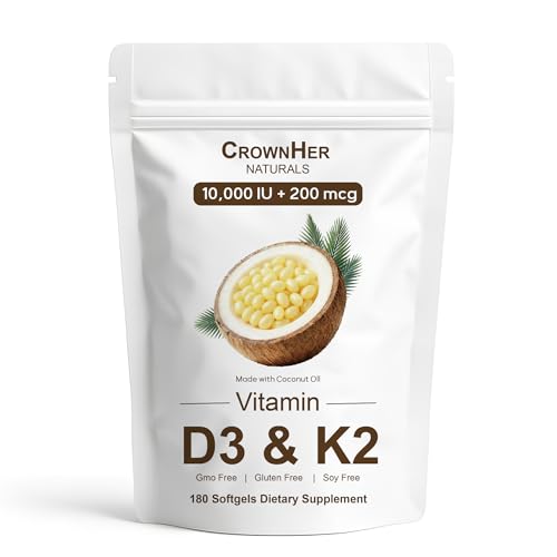 GROHESE Naturals D3 K2 Essentials Vitamin D3 K2 Vitamin D3 K2 10000 IU+ K2 200 mcg MK-7 Coconut Oil Extra Strength Bone & Immune Support 180 Softgels