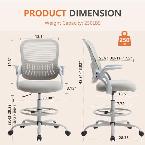 Image of Sweetcrispy Tall Drafting Office Desk Chair - Ergonomic High Stool Computer Chair with Adjustable Height and Comfy Lumbar Support, Rolling Counter Height with Flip-up Arm and Footrest, Grey