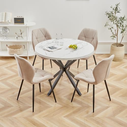 GrandCA HOME Juego de Mesa y Sillas de Comedor, Mesa de Comedor Redonda de 100 CM y 4 Sillas Modernas de Lino, para Comedor, Cocina, Sala de Estar (Mármol-B + Caqui)