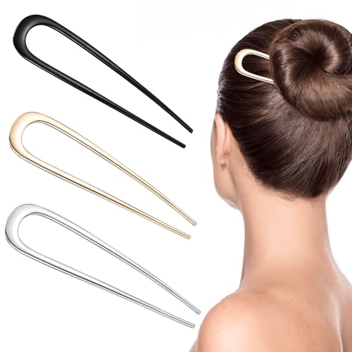 Aoyfuwell 3 Stück U Förmige Haarnadeln Groß, 14cm French Hair Pins, French Hair Clips, U-förmige Haarspangen Twist Haarpin für Frauen Mädchen Haar Style(Gold Silber Schwarz)