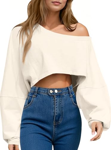 Remidoo Women's Off the Shoulder Sweatshirt Oversized Cropped Sweatshirts Long Sleeve Pullover Top Off-White Small