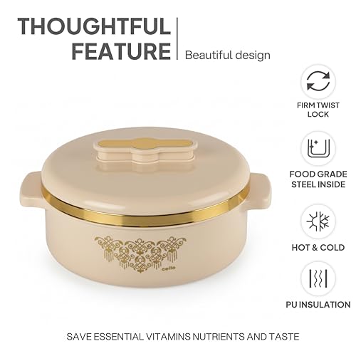 Image of CELLO Exotic 1500 Casserole Hot Pot Case for Daily Use 1500 ml, Cream | Double Wall PU Insulated Serving Hot & Warm Food Hot Pot Box | Stylish Airtight Kitchen Casserole Set for Roti Rice Biryani