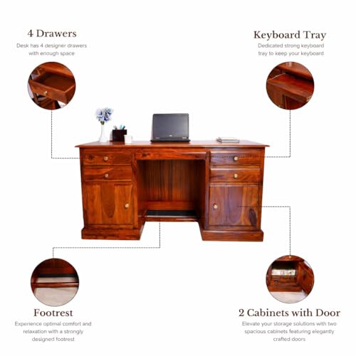 Image of Solid Sheesham Wood Office Desk with 4 Drawers & 2 Cabinets, Wooden Computer Table with Keyboard Tray & Footrest, Study Writing Desk for Home Office Furniture (Natural Finish Honey)