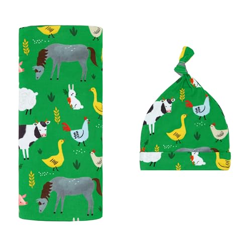 Image of Little Sleepies Swaddle & Hat Set, Baby Swaddles Newborns, Soft Viscose from Bamboo Swaddle Blanket Wrap (Green Farm Animals)