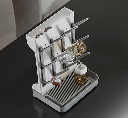 Image of IEEK Baby Bottle Drying Rack,Large Vertical Drying Tower Bottle Rack Holder Space Saving Standing Drying Rack for Countertop-Holds 12 Baby Bottles and Cup,Etachable Travel Bottle Rack,Grey and White