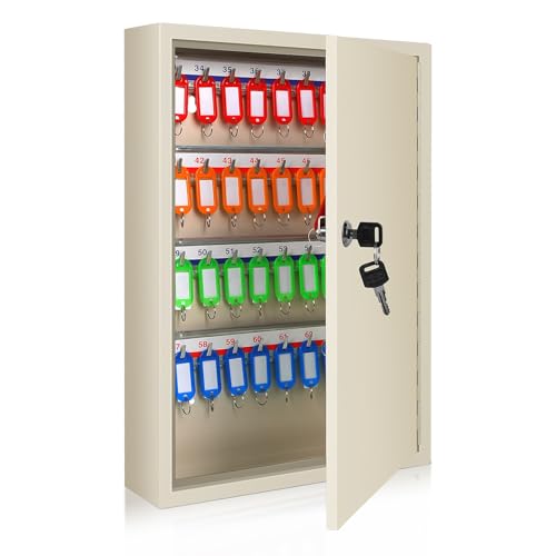 Image of SHANTRA Key Box Cabinet, Wall Mount 64 Position Metal Locking Key Cabinet Organizer - Key Storage Box with Key Tags, Adjustable Lockbox for Keys, Secure Holder for Home, Hotels, and Valets - White