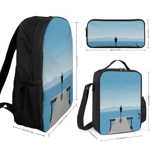 3 Piece Backpack for Women Men Lightweight Causal Daypack Shoulder Bag Set with Insulated Lunch Bag And Pencil Case Organizers Lonely Back2