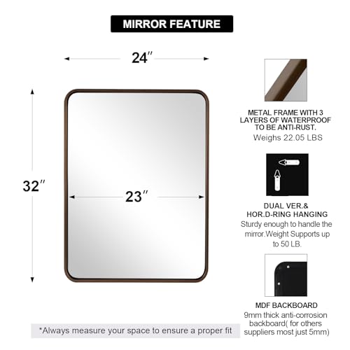 Image of ANDY STAR 24x32 INCH Bronze Bathroom Mirror, Rounded Rectangle Oil Rubbed Bronze Mirrors for Bathroom,Tube Metal Framed, 1'' Deep Wall Mounted Vertically /Horizontal