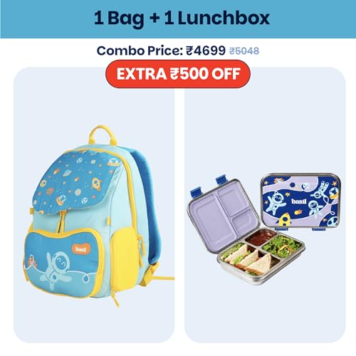 Image of Basil Kids School Combo | Wander 20L School Backpack + Bento Box Neo 1000ml Stainless Steel Lunch Box | Super Swoosh