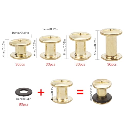 120 Set Brass Chicago Screws Binding Screws, 4 Sizes Screws Nail Rivets Screw Post Metal Nail Rivet Chicago Button - Image 2